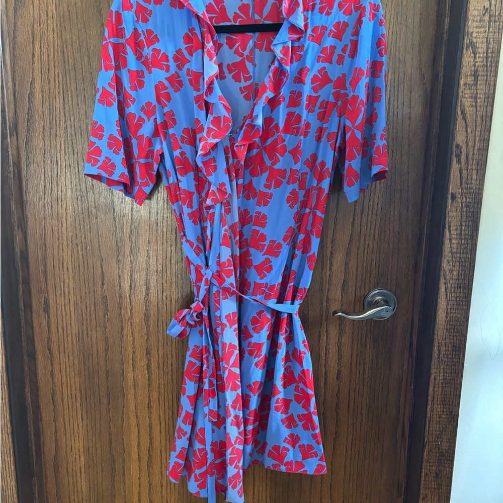 EUC EFFORTLESS STYLE DIANE VON FURSTENBURG Blue Red Floral Silk “Savilla”  Dress